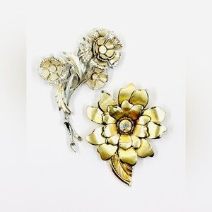 Vintage Gold & Silver Tone Flower Brooch Set with AB Crystals